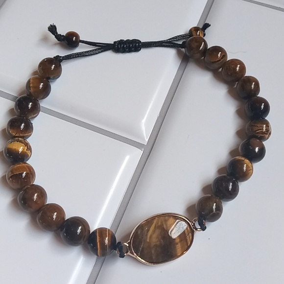 Men's Natural Tiger's Eye Stone Beaded Adjustable Leather Weave Slide Bracelet - Picture 3 of 7